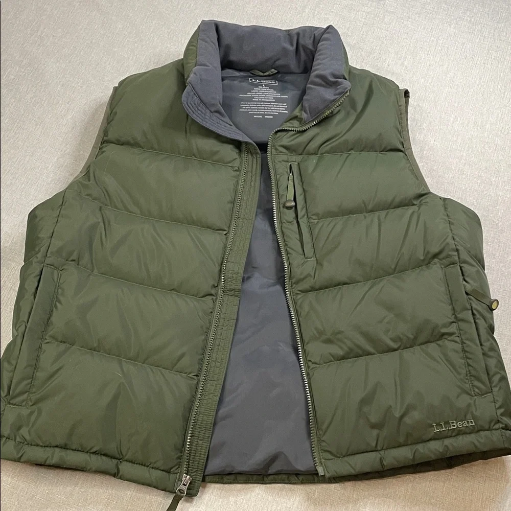 L.L. Bean Men's Goose Down Vest Large Olive Army Green Rugged Puffer Warm